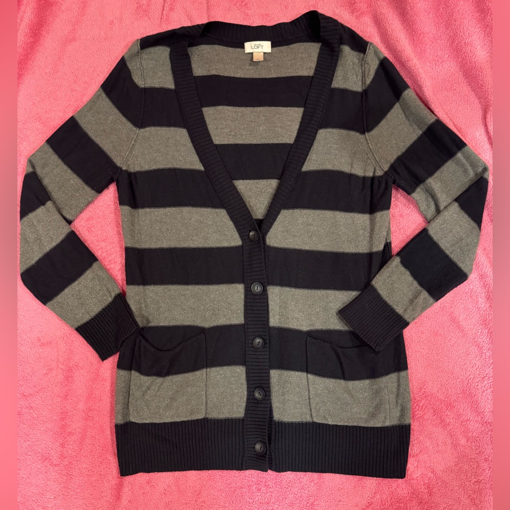 LOFT Navyand Gray Striped Cardigan